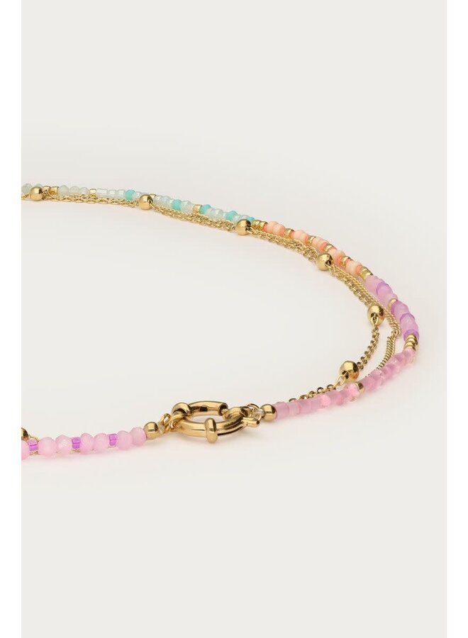 Botanical Driedubbele Ketting met Multikleur Kralen Goud