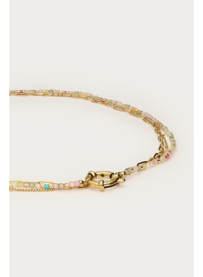 Botanical Driedubbele Ketting met Licht Groene Kralen Goud