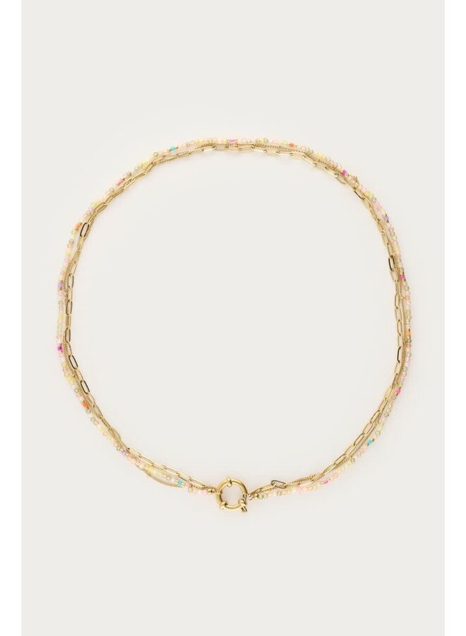 Botanical Driedubbele Ketting met Licht Groene Kralen Goud