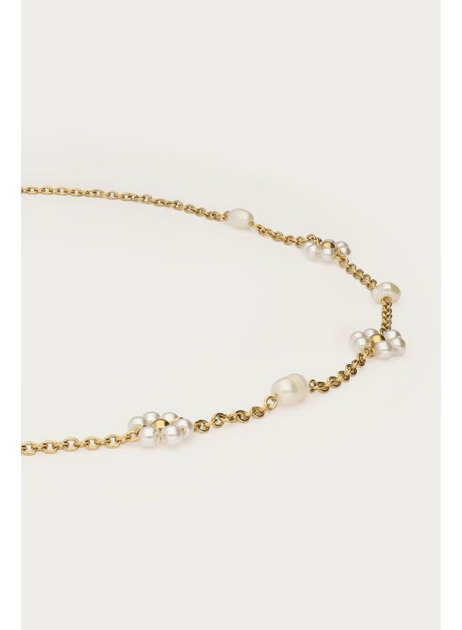 Botanical Ketting met Zoetwaterparel Bloemen Goud