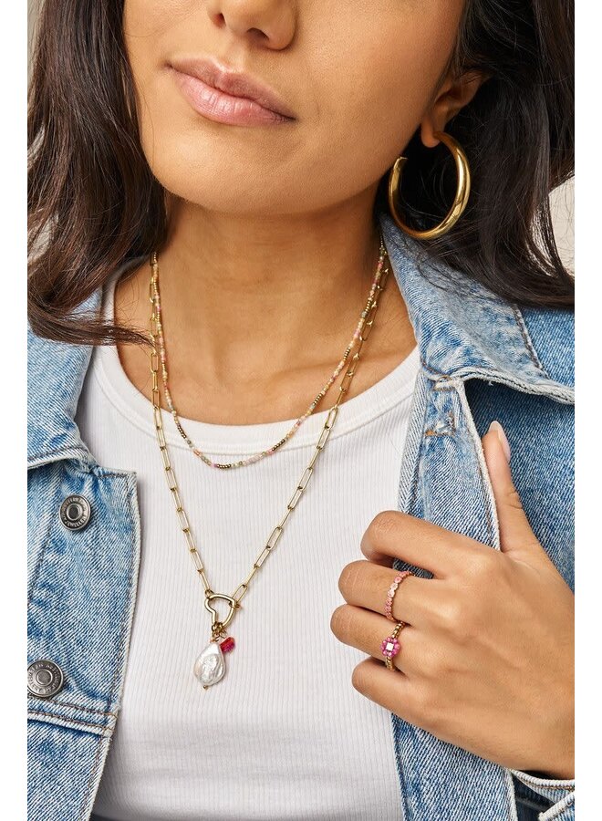 Botanical Schakelketting met Hartjes Bedel en Kralen Goud