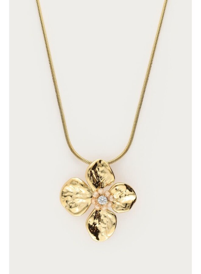 Botanical Ketting met Bloem en Beige Kralen Goud