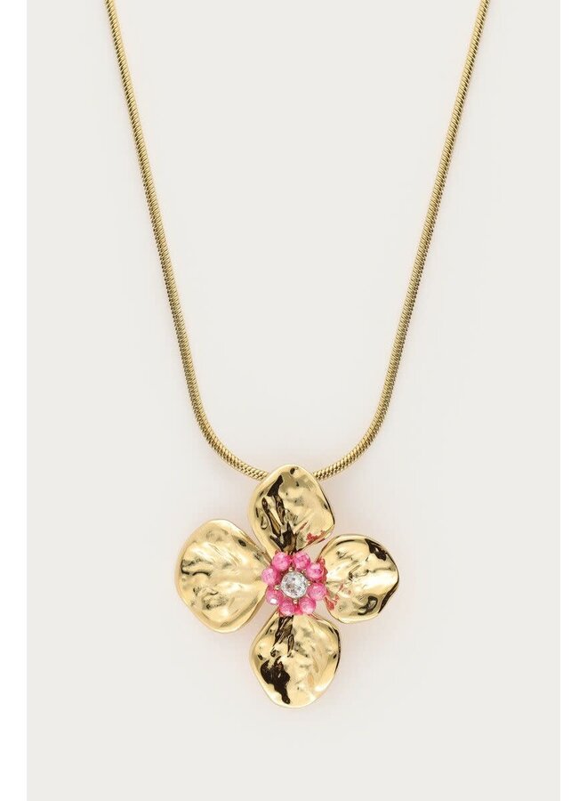 Botanical Kettingn met Bloem en Roze Kralen Goud
