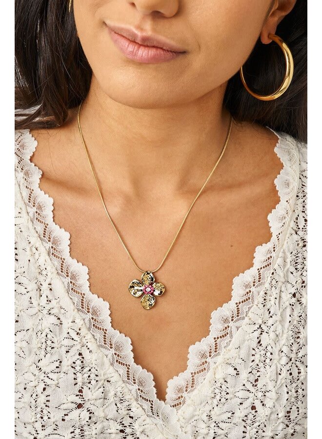Botanical Kettingn met Bloem en Roze Kralen Goud