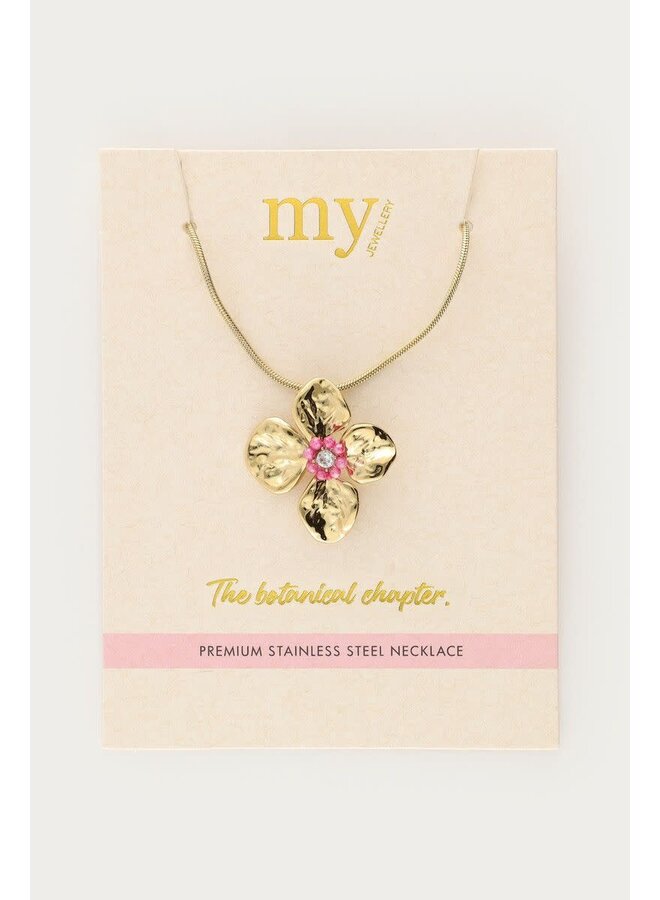 Botanical Kettingn met Bloem en Roze Kralen Goud
