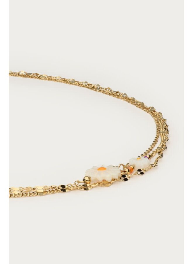 Botanical Driedubbele Ketting met Witte Bloemen Goud