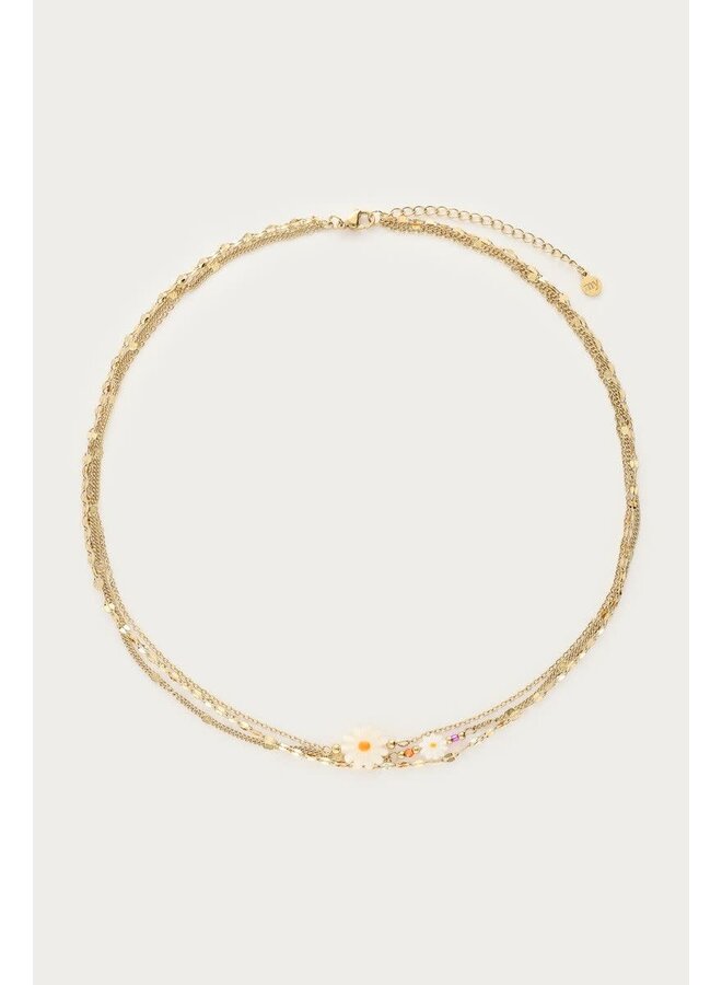 Botanical Driedubbele Ketting met Witte Bloemen Goud