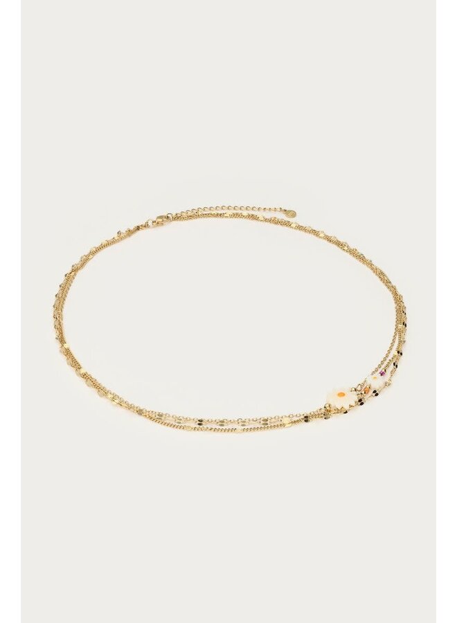 Botanical Driedubbele Ketting met Witte Bloemen Goud