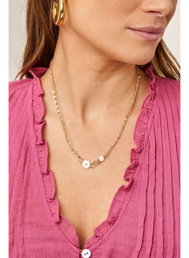 Botanical Driedubbele Ketting met Witte Bloemen Goud