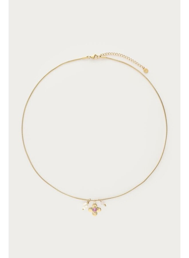 Botanical Ketting met Bloem en Roze Strass Steen Goud
