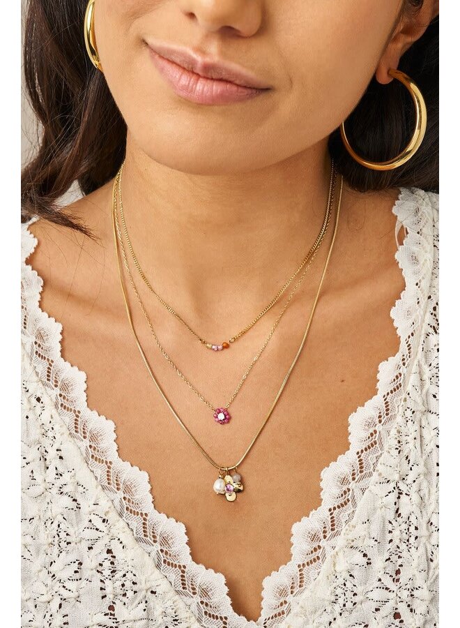 Botanical Ketting met Bloem en Roze Strass Steen Goud