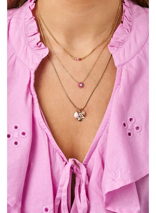Botanical Ketting met Kleine Roze Strass Bloem Goud