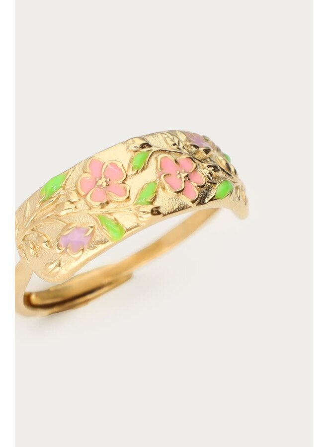 Botanical Ring met Roze Bloemen Goud