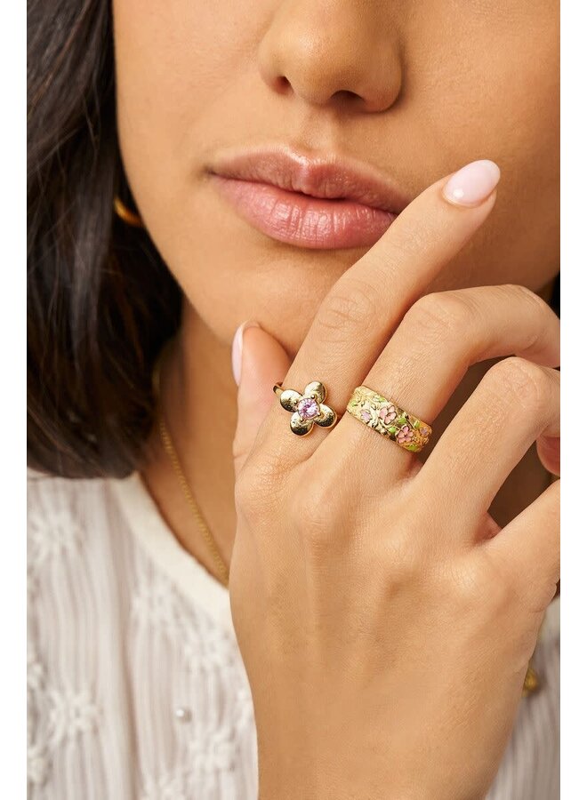 Botanical Ring met Roze Bloemen Goud