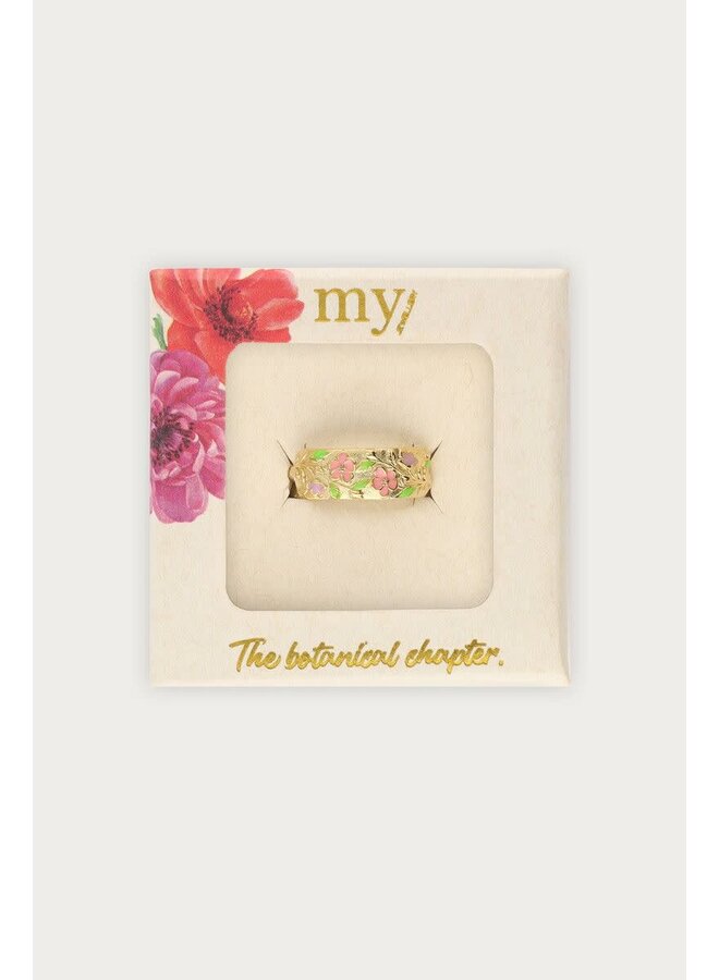 Botanical Ring met Roze Bloemen Goud