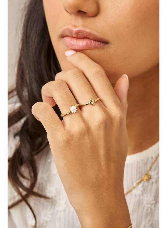 Botanical Stretch Ring met Witte Bloem Goud