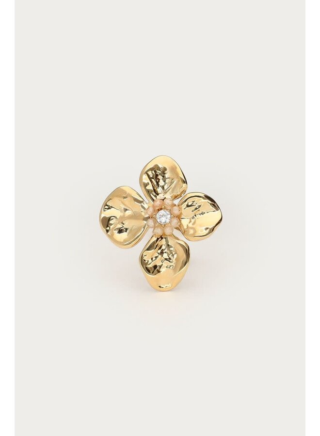Botanical Ring met Bloem en Beige Kralen Goud