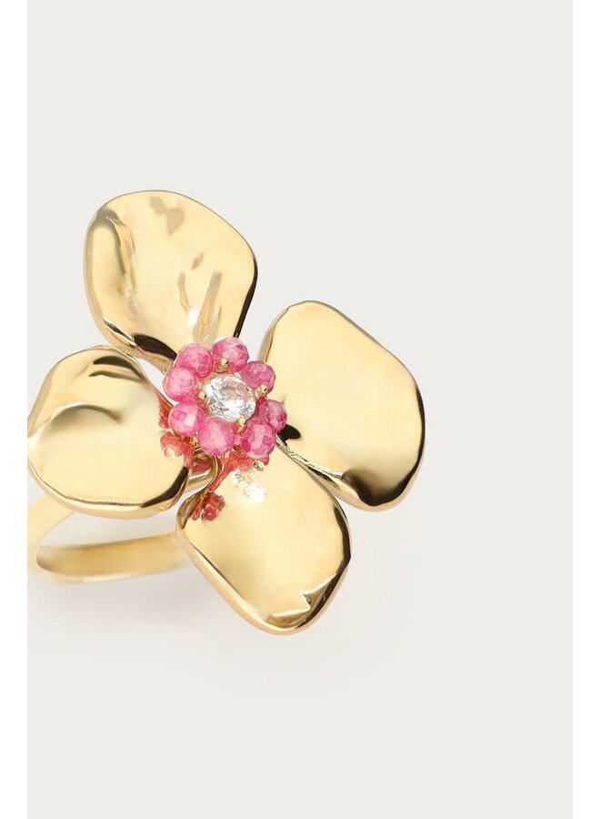 Botanical Ring met Bloem en Roze Kralen Goud