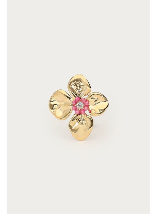 Botanical Ring met Bloem en Roze Kralen Goud
