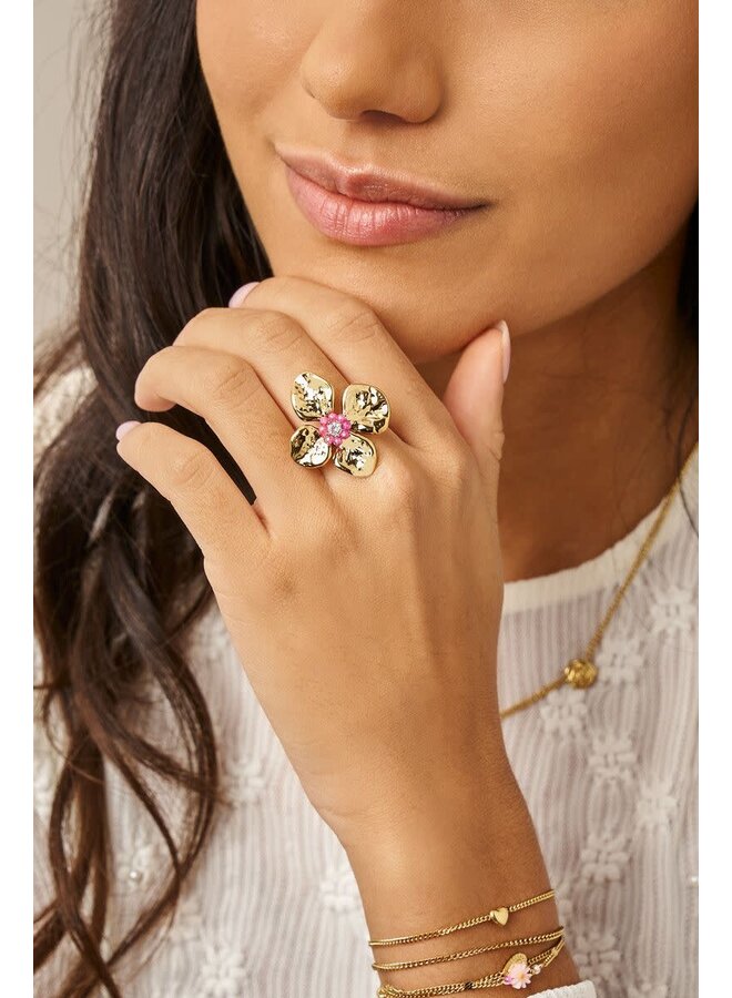 Botanical Ring met Bloem en Roze Kralen Goud