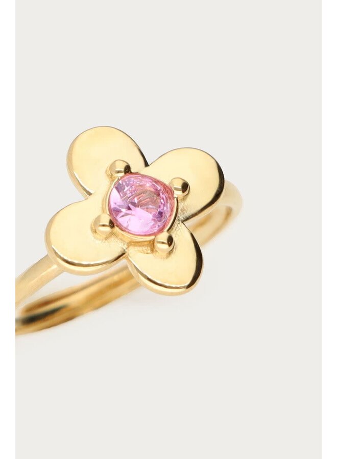 Botanical Ring met Bloem en Roze Strass Steen Goud