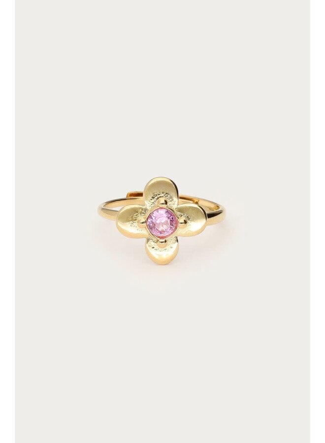 Botanical Ring met Bloem en Roze Strass Steen Goud