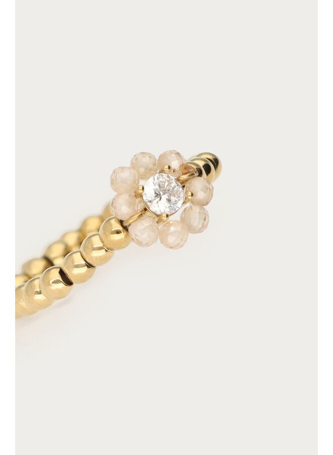 Botanical Stretch Ring met Beige Kralen Bloem Goud
