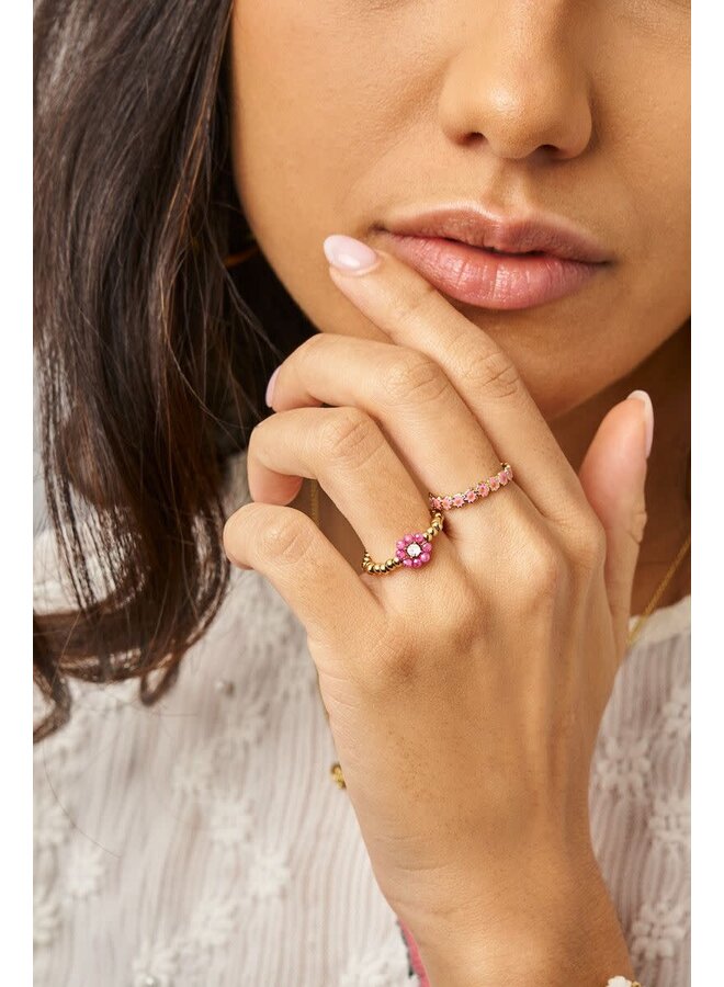 Botanical Stretch Ring met Roze Kralen Bloem Goud