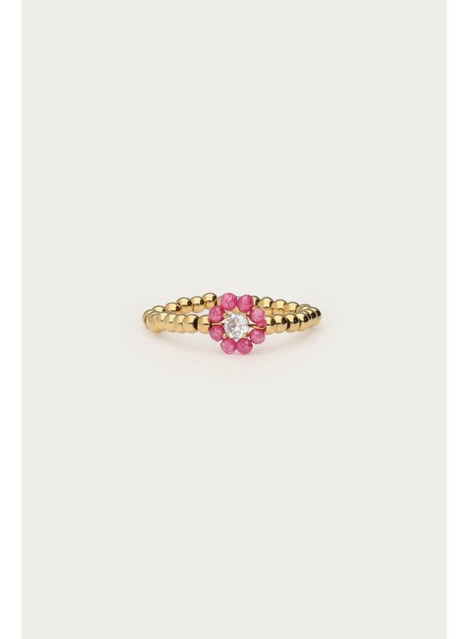 Botanical Stretch Ring met Roze Kralen Bloem Goud