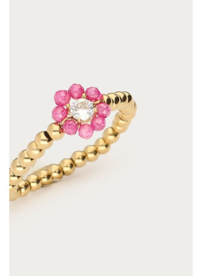 Botanical Stretch Ring met Roze Kralen Bloem Goud