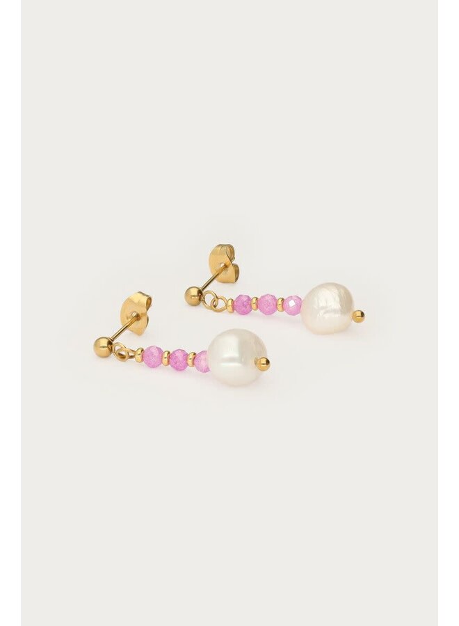 Botanical Stud met Roze Kralen en Zoetwaterparels Goud