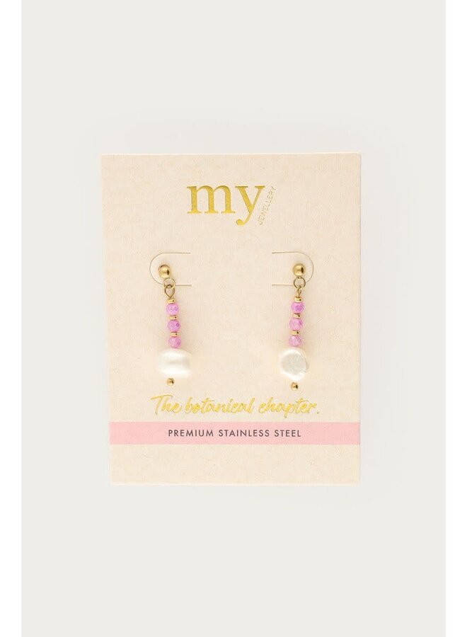 Botanical Stud met Roze Kralen en Zoetwaterparels Goud