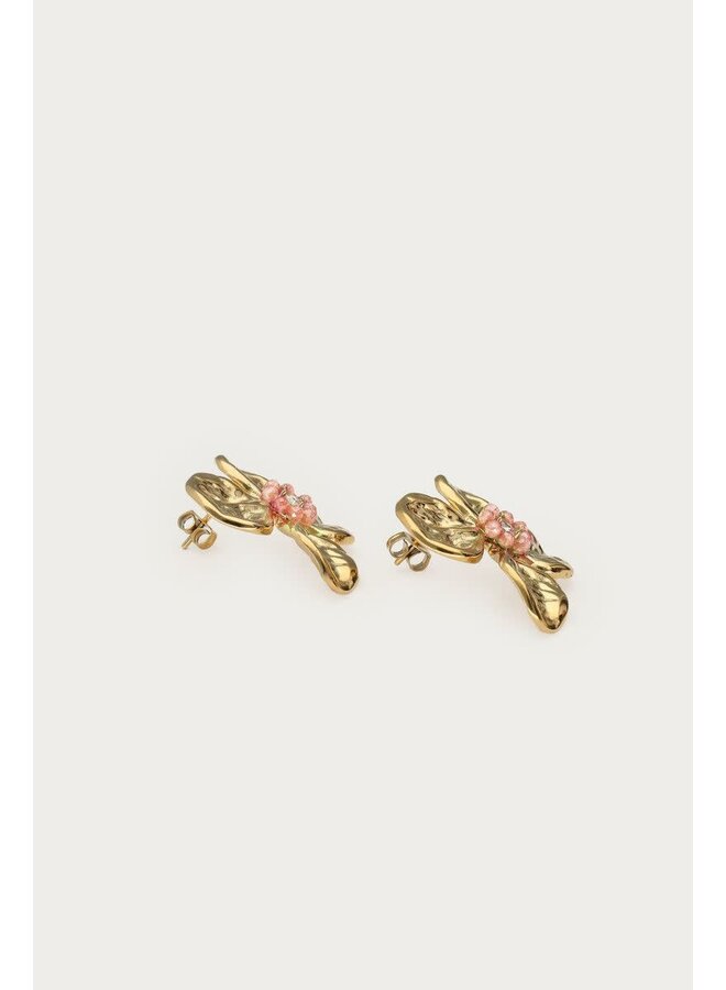Botanical Oorhangers met Bloem en Beige Kralen Goud
