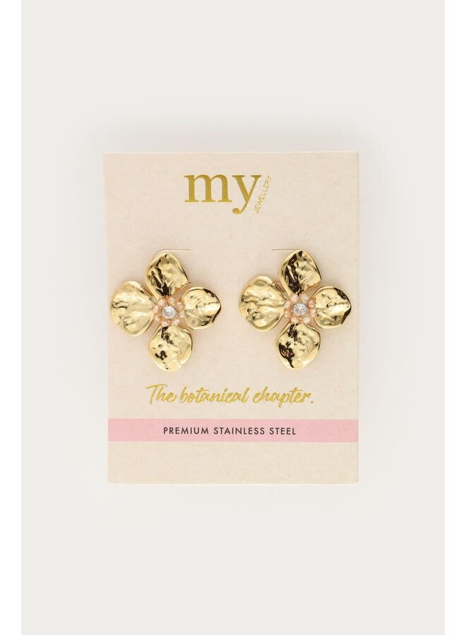Botanical Oorhangers met Bloem en Beige Kralen Goud