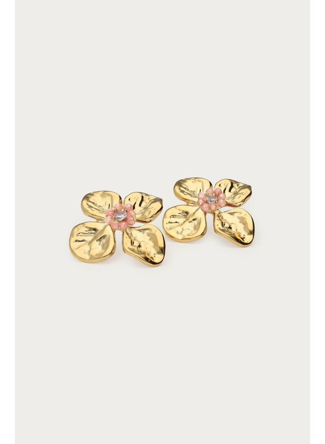 Botanical Oorhangers met Bloem en Beige Kralen Goud