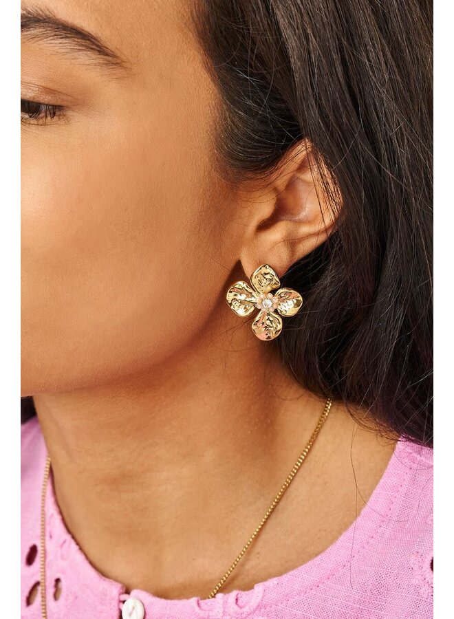 Botanical Oorhangers met Bloem en Beige Kralen Goud