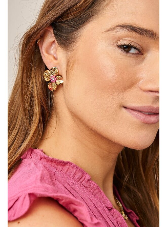 Botanical Oorhangers met Bloem en Roze Kralen Goud