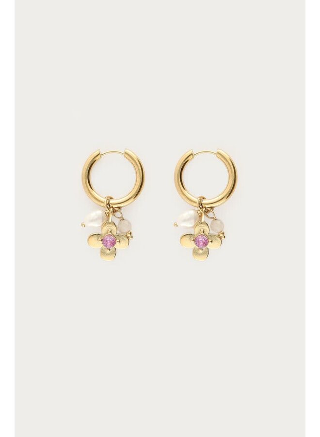 Botanical Statement Oorringen met Bloem en Roze Strass Steen Goud