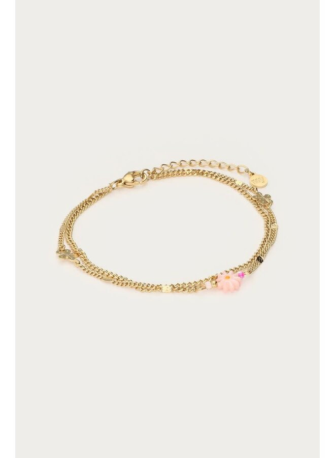 Botanical Dubbele Armband met Roze Kleine Bloem Goud