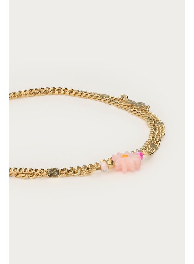 Botanical Dubbele Armband met Roze Kleine Bloem Goud