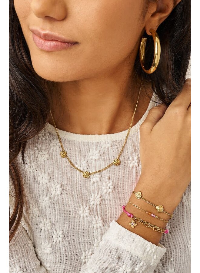 Botanical Roze Touw Armband met Bloem Goud