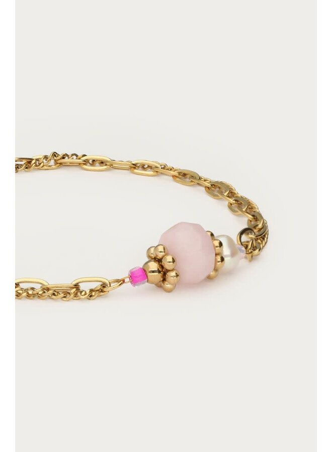 Botanical Dubbele Armband met Roze Kraal Goud