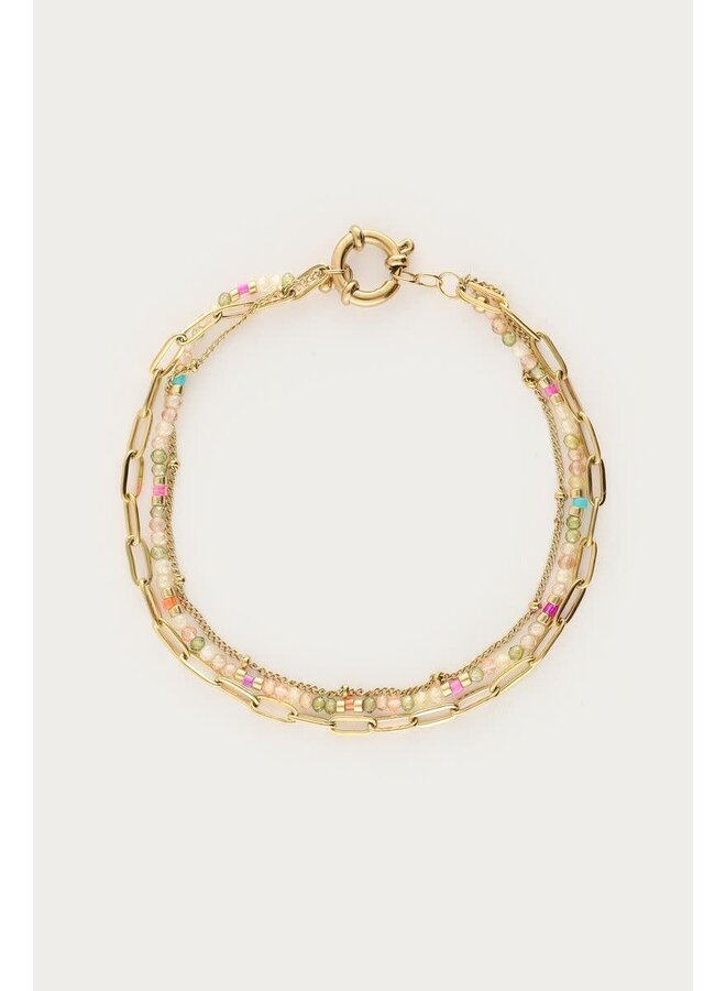 Botanical Driedubbele Armband met Licht Groene Kralen Goud