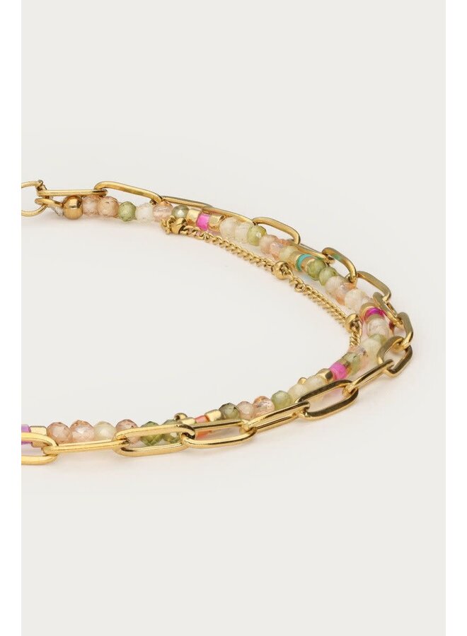 Botanical Driedubbele Armband met Licht Groene Kralen Goud