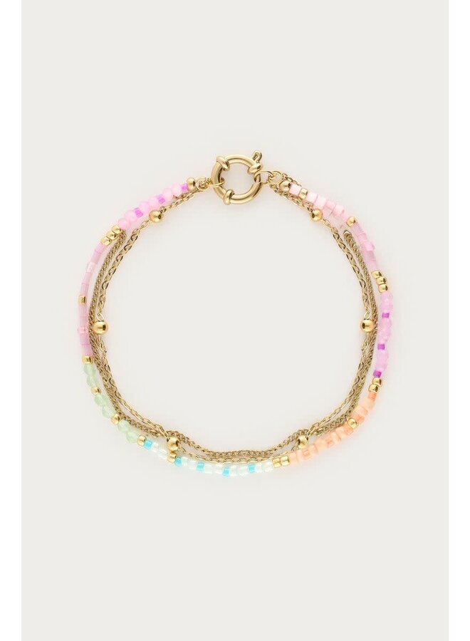 Botanical Driedubbele Armband met Multikleur Kralen Goud