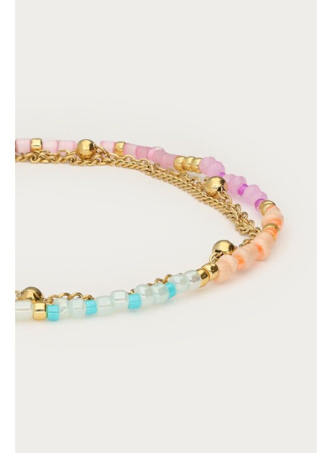 Botanical Driedubbele Armband met Multikleur Kralen Goud