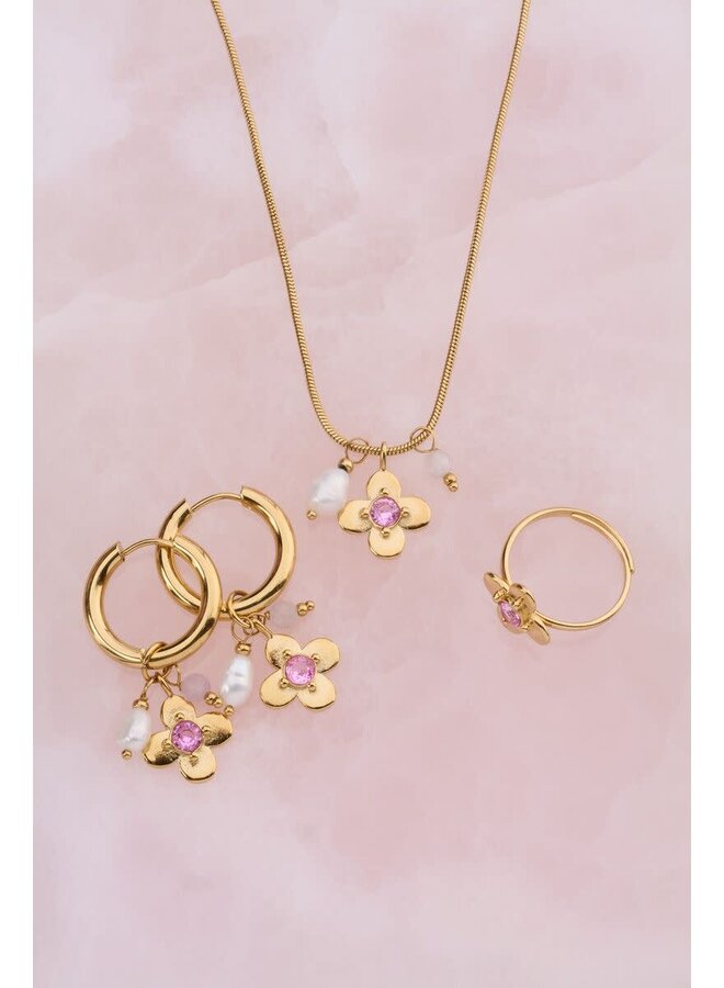 Botanical Armband met Bloem en Roze Strass Steen Goud