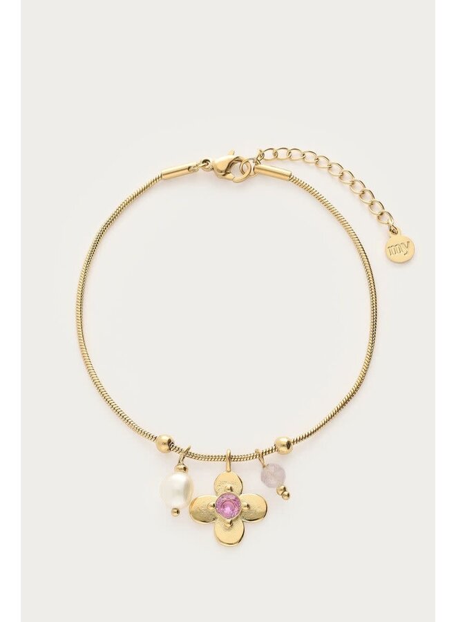 Botanical Armband met Bloem en Roze Strass Steen Goud