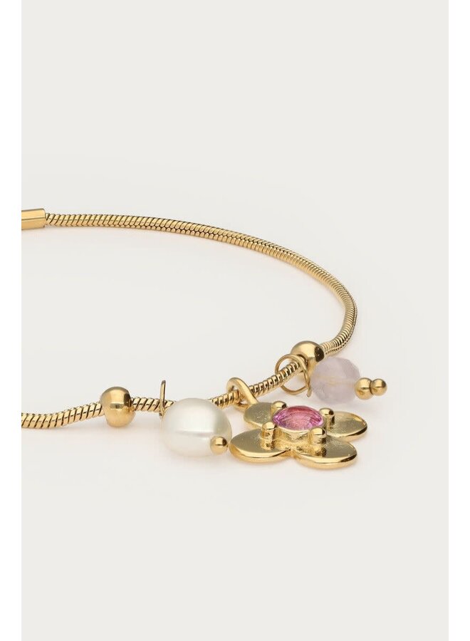 Botanical Armband met Bloem en Roze Strass Steen Goud