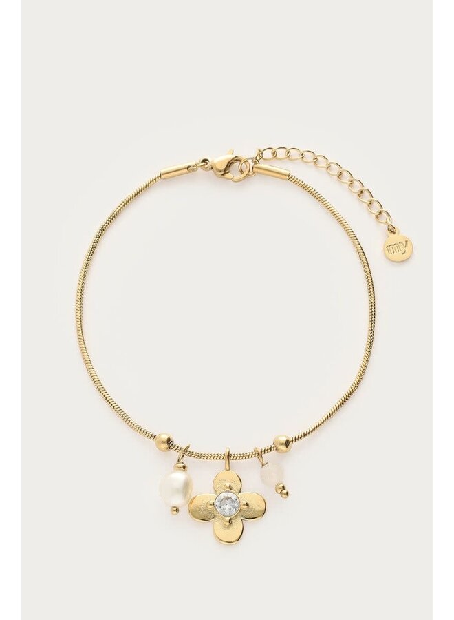 Botanical Armband met Bloem en Strass Steen Goud